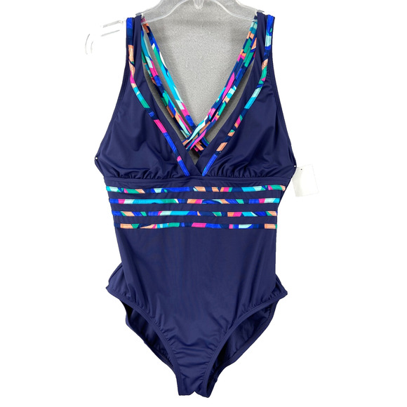La Blanca Swimsuit Women's Sz 14 Island Goddess Blue V-neck Criss‎ Cross Straps - Picture 1 of 12
